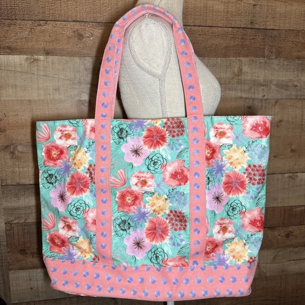 MATILDA JANE Relaxing Sunshine Pink Floral & Dots Oversize Tote Bag 19” Wide - Picture 2 of 16